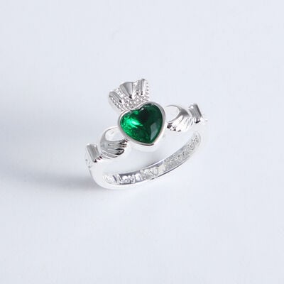 Grá Collection Silver Plated Claddagh Ring With Green Cubic Zirconia Stone